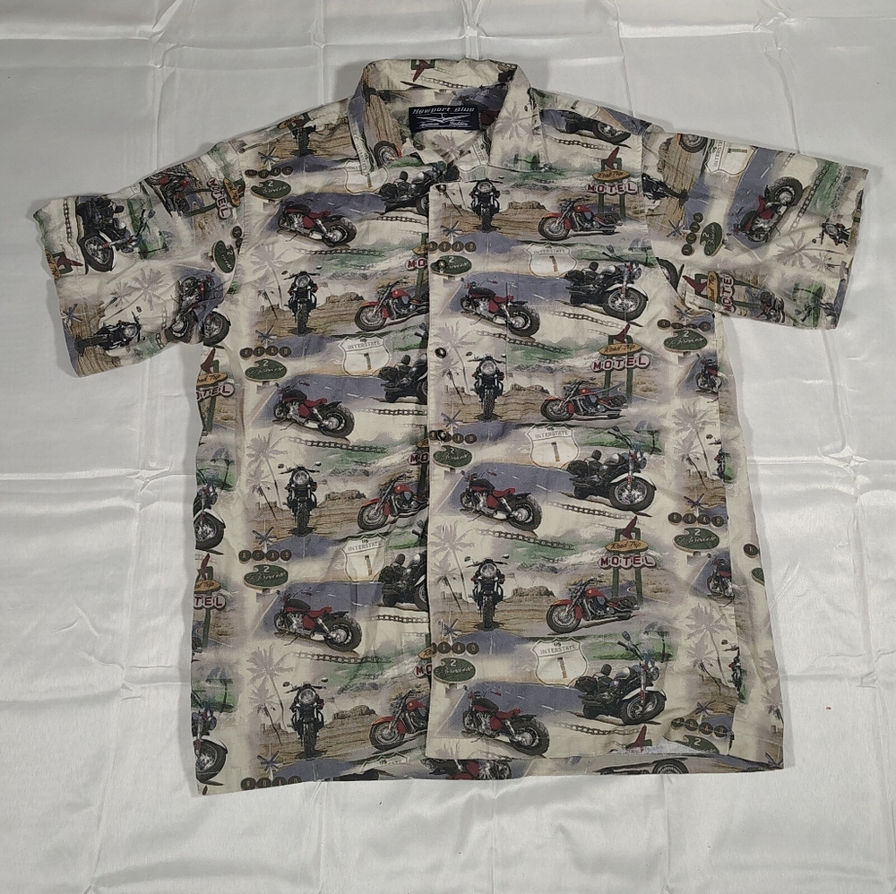 Newport Blue Large Motorcycle Drive Hawaiian Button Up Shirt Chopper Ride Mens